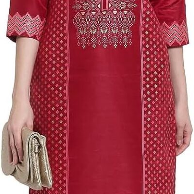 Indian Straight Red & Blue Shantung Kurta for Women | 3/4 Sleeves, Round Neck, Ankle Length | Single Kurta