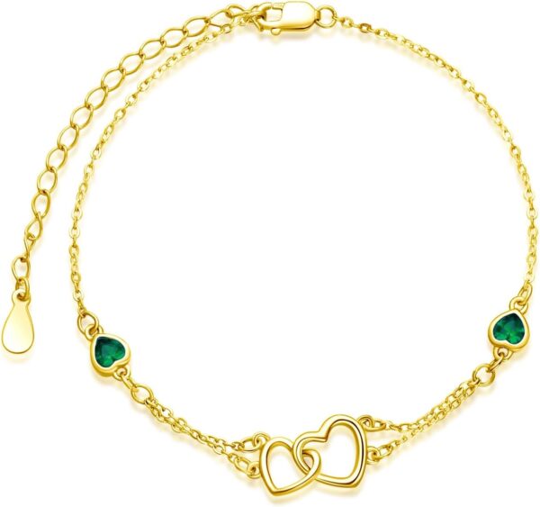 Dorunmo Anklet/Bracelet for Women 925 Sterling Silver Birthstone Jewelry Cubic Zirconia Double Heart Chain Jewelry for Mom Wife Friend Bride Valentine's Day Christmas Birthday Mother's Day