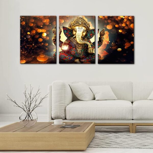 3 Pieces Ganesha Canvas Wall Art for Home Decor Paintings Hindu God Pictures Modern Artwork Giclee Posters and Prints Wooden Framed Gallery-wrapped Stretched Ready to Hang - 12" x 16" x 3 - Image 2