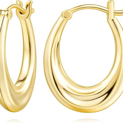 AMELINE 14K Gold Hoop Earrings for Women, Small Gold Hoop Earrings Well-polished Gold Chunky Hoop Earrings Dainty Hypoallergenic Earrings