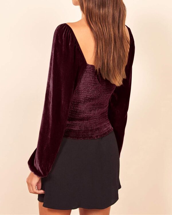 R.Vivimos Women's Fall Velvet Long Sleeves Square Neckline Casual Vintage Crop Tops Blouse - Image 2