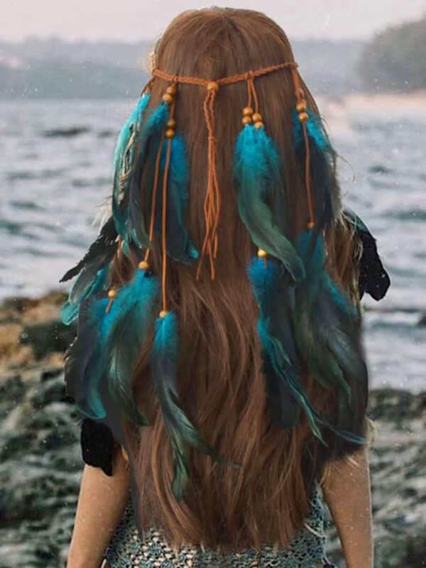 GORTIN Boho Feather Headband Hippie Headband Gypsy Feather Headpiece Indian Costume Headwear Hair Accessory for Women (A-Blue, One size) - Image 3