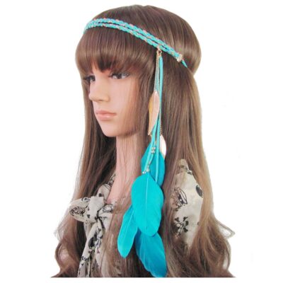 Boho Feather Headband Hippie Indian Leaf Hair Bands Tassel Bohemian Hair Hoops Hairband Headpiece Women Halloween Christmas Baby Shower Wedding Birthday Cosplay Dress Up Party Accessories Blue