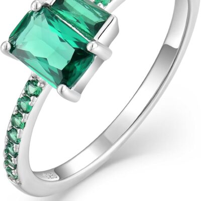 925 Sterling Silver Stackable Ring Baguette Cut Emerald Birthstone Eternity Rings for Women Size 5-10