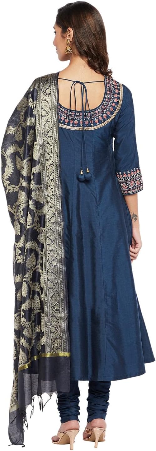 Indian Indigo Cotton Silk Anarkali Kurta, Churidar Pant & Dupatta for Women | 3/4 Sleeves, Round Neck, Ankle Length - Image 5