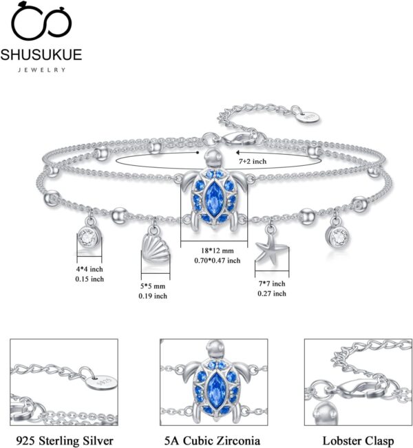 Ankle Bracelet for Women 925 Sterling Silver Sea Turtle/Four Leaf Clover/Rose/Infinity/Flamingo/Fox/Starfish/Lotus/Cat Adjustable Layered Anklet Best Friend Beach Holiday Jewelry - Image 6