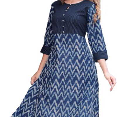 Yash Gallery Women's Cotton Kantha Chevron Calf Length 3/4 Sleeve Indian A-Line Kurta Dresses
