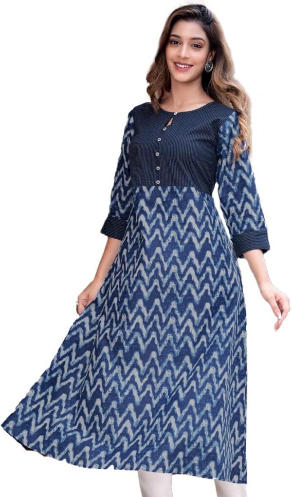 Yash Gallery Women's Cotton Kantha Chevron Calf Length 3/4 Sleeve Indian A-Line Kurta Dresses