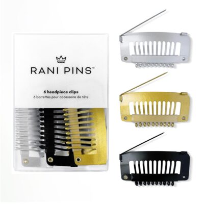 Rani Pins® Premium 6 Large Heavy Duty Dupatta Clips, Chunni Clips with Safety Pin - Black, Gold, and Silver - Securely Attach Dupatta, Chunni, Hijab, Veils, Wigs & More to Hair Quickly & Easily