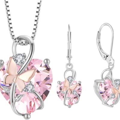 Butterfly Heart Necklaces and Earrings Jewelry Set for Women, 925 Sterling Silver Cubic Zirc for Women, 925 Sterling Silver Cubic Zirconia Birthstone Pandent, Anniversary Birthday Gifts for Her
