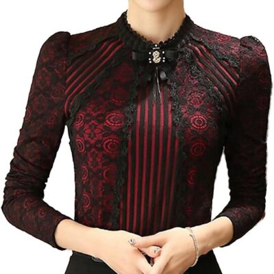SansoiSan Women's Vintage Beaded Buttons Pleated Shirt Long Sleeve Lace Stretchy Blouse