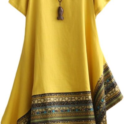 Minibee Women's Ethnic Cotton Linen Short/Long Sleeves Irregular Dress