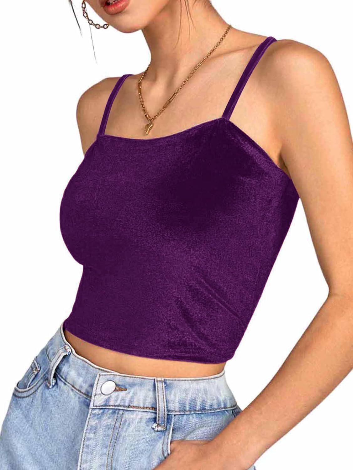 Vrtige Women's Velvet Spaghetti Strap Sleeveless Cami Tank Crop Top - Image 3