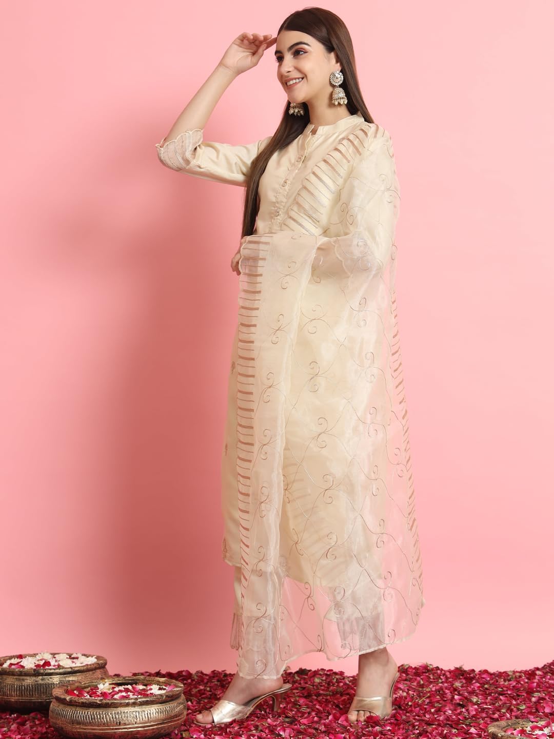 VredeVogel Women's Silk Blend Embroidered Kurta with Pant & Dupatta Set - Image 3