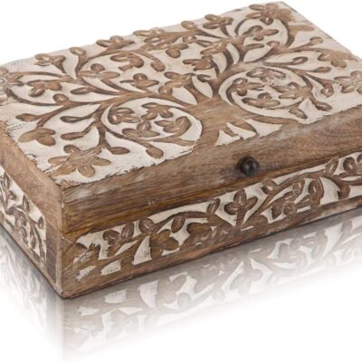 Great Birthday Gift Handmade Decorative Wooden Jewelry Box Tree Of Life Carving Jewelry Organizer Keepsake Box Treasure Chest Trinket Holder Watch Box Storage Lock Box Housewarming Gifts