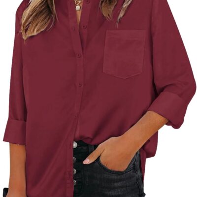 Womens Button Down Shirts Dress Shirts Long Sleeve Collared Blouses V Neck Work Office Tunic Chiffon Tops