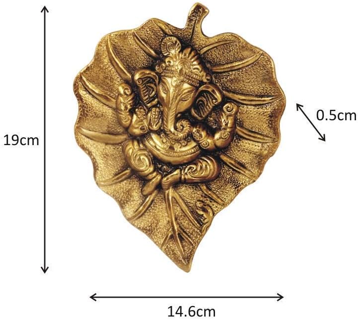 Lord Ganesh/Ganpati On Golden Metal Paan Patta Leaf Decorative Religious Wall Hanging for Home & Office Decor, Feng Shui, Vastu, Sculpture Art Figurine - Image 2