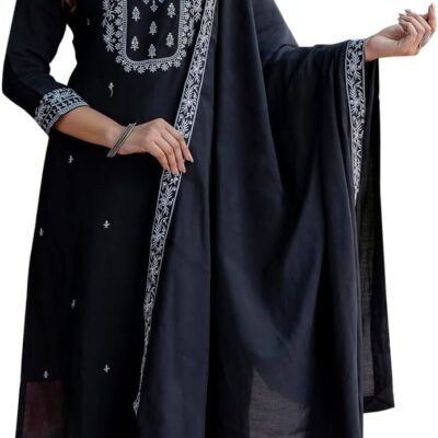 VredeVogel Women's Kurta Pant Set with Dupatta | Embroidered Viscose Roman Silk Kurta Set for Women