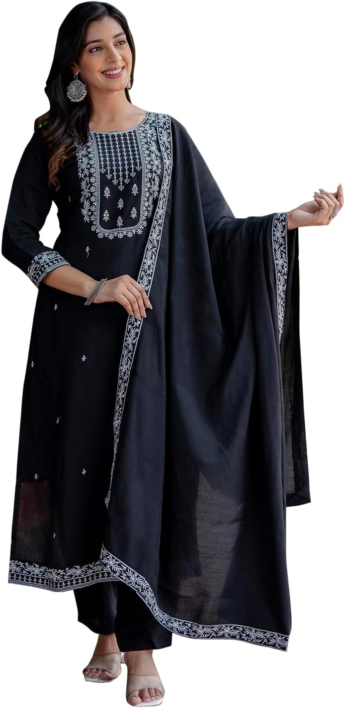 VredeVogel Women's Kurta Pant Set with Dupatta | Embroidered Viscose Roman Silk Kurta Set for Women