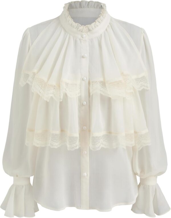 CIDER Chiffon High Neck Soild Lace Faux Pearl Long Sleeve Blouse