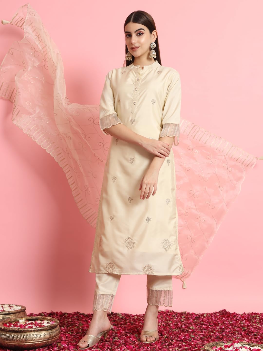 VredeVogel Women's Silk Blend Embroidered Kurta with Pant & Dupatta Set - Image 4