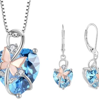 Butterfly Heart Necklaces and Earrings Jewelry Set for Women, 925 Sterling Silver Cubic Zirc for Women, 925 Sterling Silver Cubic Zirconia Birthstone Pandent, Anniversary Birthday Gifts for Her