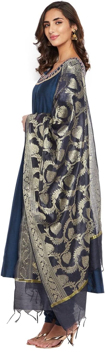 Indian Indigo Cotton Silk Anarkali Kurta, Churidar Pant & Dupatta for Women | 3/4 Sleeves, Round Neck, Ankle Length - Image 3