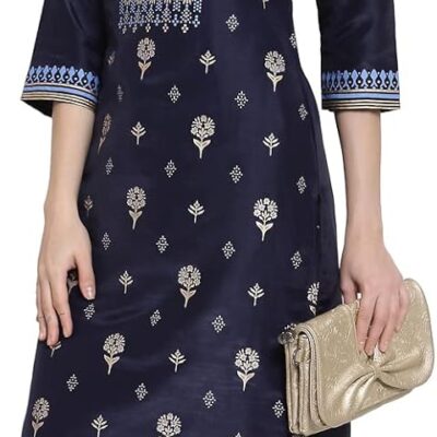Indian Straight Red & Blue Shantung Kurta for Women | 3/4 Sleeves, Round Neck, Ankle Length | Single Kurta