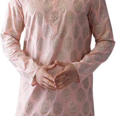KISAH Men's Printed Cotton Kurta Regular Fit Long Tunic Mandarin Collar| Perfect Ethnic Wear for Festivals & Thanksgiving