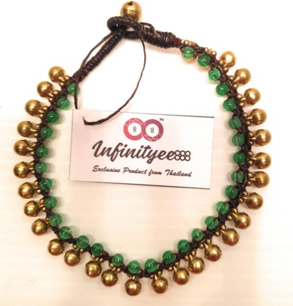 Infinityee888 Trendy Fashion Anklet Green Jade and Brass Bell Ankle Bracelet 10 Inches Woven with Wax Cord Beautiful Handmade Hippie Bohemian Style - Image 5
