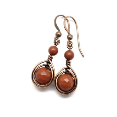 Handcrafted Solid Copper Earrings with Red Jasper Gemstone (Antiqued Copper, 1" drop)