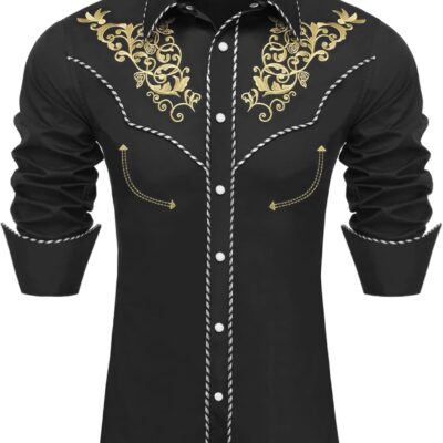 JoZorro Men's Long Sleeve Pearl Snap Shirt Rhinestone Cowboy Cut Western Embroidered Casual Button Down Shirt