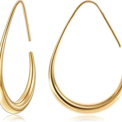 Gacimy Teardrop Hoop Earrings for Women, 14K Gold Plated Oval Pull Through Hoop Earrings for Women, Gold Drop Hoop Earrings for Women