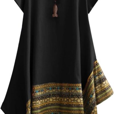 Minibee Women's Ethnic Cotton Linen Short/Long Sleeves Irregular Dress