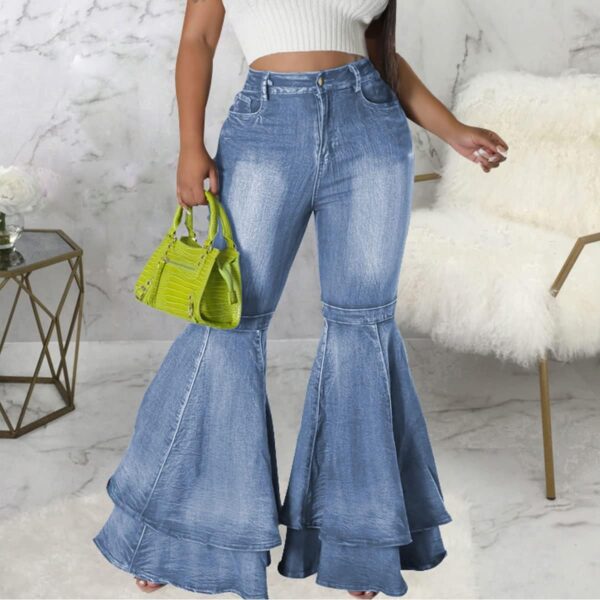 ThusFar Bell Bottom Jeans High Waisted Pleated Layered Ruffle Hem Flared Wide Leg Denim Pants 70s Outfits for Women - Image 2
