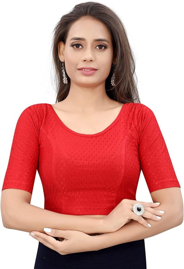 Round Neck dobbyCotton Lycra Stretchable Elbow Sleeve Readymade Blouse for Women