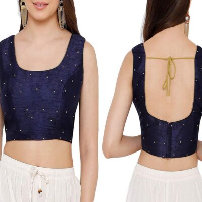Dupion Solid Saree Readymade Beaded Blouse Scoop Neck Top Sleeveless Back Hook & Eye With Dori Closure Choli Sari
