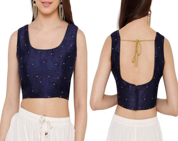 Dupion Solid Saree Readymade Beaded Blouse Scoop Neck Top Sleeveless Back Hook & Eye With Dori Closure Choli Sari
