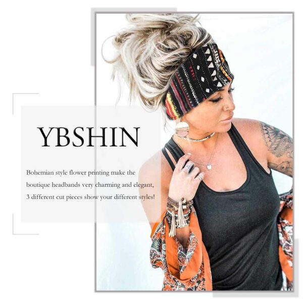 YBSHIN Boho Wide Headbands Stripe Head Wraps Knoted Hair Wears Turban Yoga Sweatbands Elastic Floral Printed Head Scarfs Stretch Cloth Hair Bands for Women and Girls 3Pcs (A) - Image 6