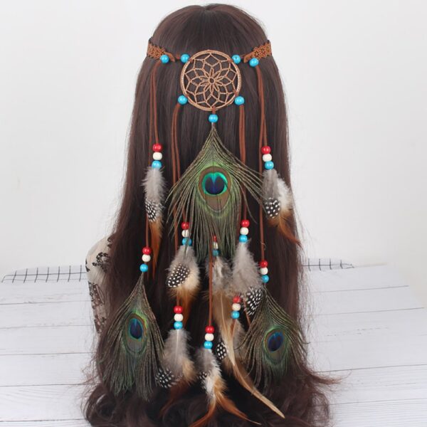 Women Lady Bohemian Peacock Feather Headband Dreamcatcher Headdress Hippie Headpiece Headwear Handmade Tribal Indian Fascinator Feather Hairband Hair Accessories - Image 4