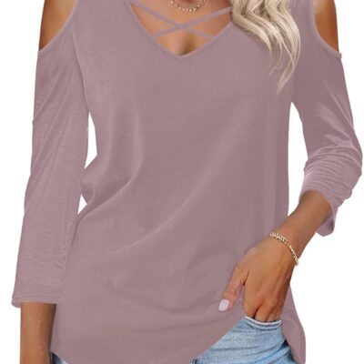 Amoretu Womens Summer Shirts 3/4 Long Sleeve V Neck Criss Cross Cold Shoulder Tops Blouse
