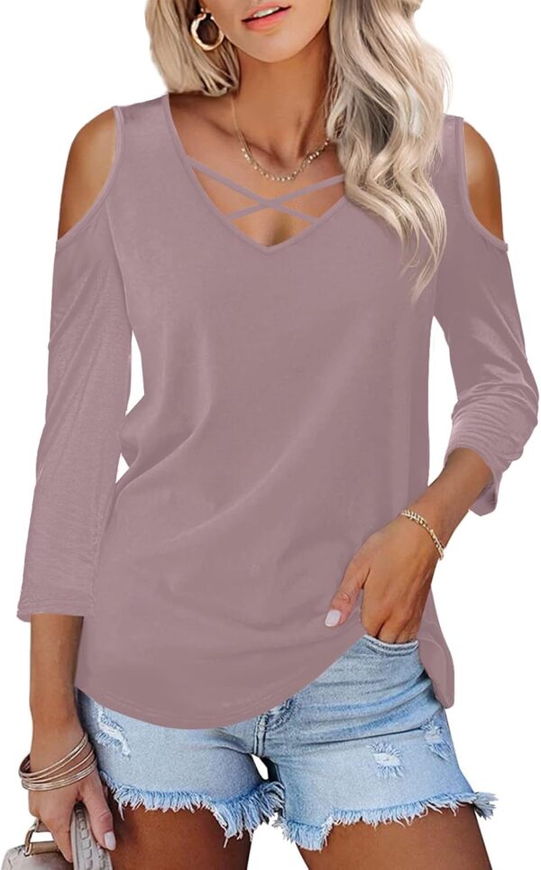 Amoretu Womens Summer Shirts 3/4 Long Sleeve V Neck Criss Cross Cold Shoulder Tops Blouse