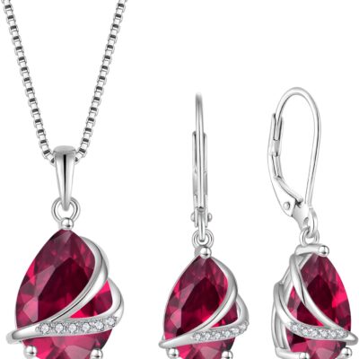 Teardrop Jewelry Set for Women 925 Sterling Silver Ruby Necklace and Earrings Set July Birthstone Jewelry Gifts for Her