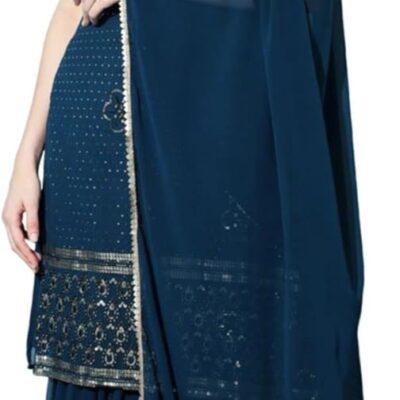 Shopping Queen Women's Georgette Embroidered Kurta and Sharara & Dupatta Set