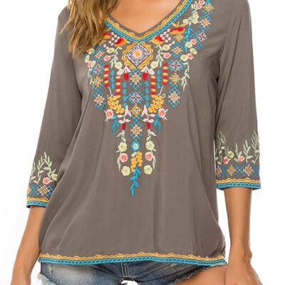 AK Women's Embroidered Tops 3/4 Sleeve Traditional Mexican Shirts for Women V Neck Peasant Tunic Blouses