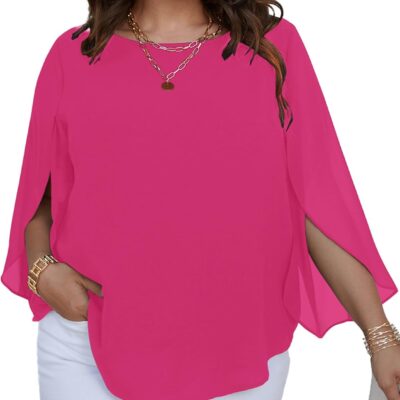 SCOMCHIC Plus Size Blouses for Women Summer Chiffon 3/4 Sleeve Tunic Tops Dressy Scoop Neck Casual Loose Flowy Shirts
