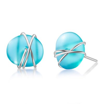 Sea Glass Earrings S990 Sterling Silver Hypoallergenic Handmade Stud Post Earrings Beach Glass Fashion Statement Handcraft Jewelry for Women Girls (L, Aqua)