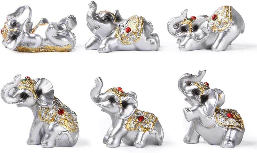 BRABUD Silver Resin Small Elephants Statues Home Decoration Collection Gift Set of 6 BS122 (Silver)