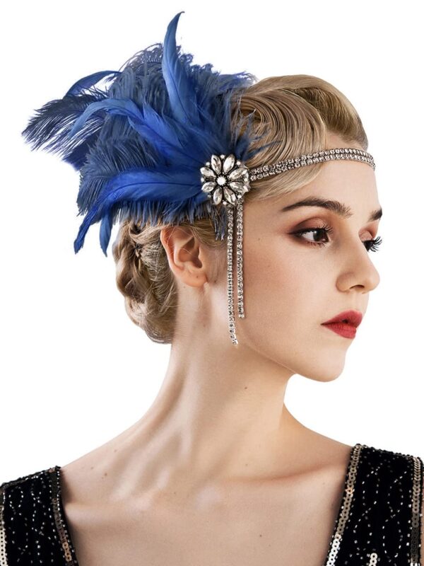 SWEETV 1920s Headpiece Flapper Headband, Rhinestone Pearl Feather Hair Band Great Gatsby Headpiece Accessoreis for Women,Dark Blue