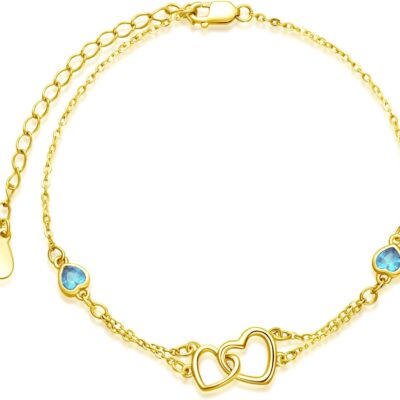 Dorunmo Anklet/Bracelet for Women 925 Sterling Silver Birthstone Jewelry Cubic Zirconia Double Heart Chain Jewelry for Mom Wife Friend Bride Valentine's Day Christmas Birthday Mother's Day